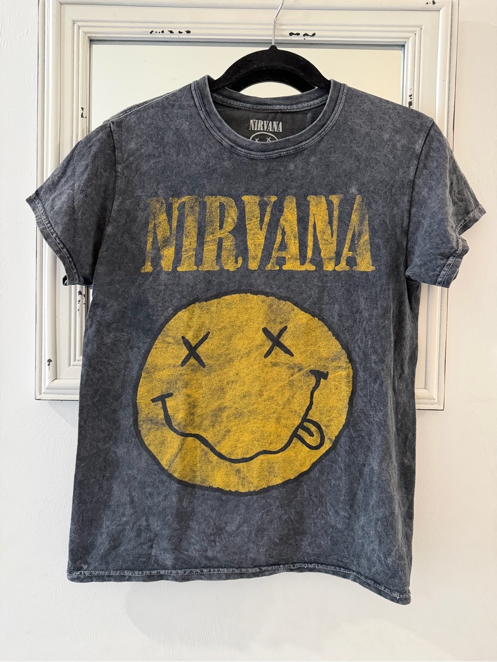 NIRVANA Black Short-Sleeve Tee with Yellow Smiley Graphic